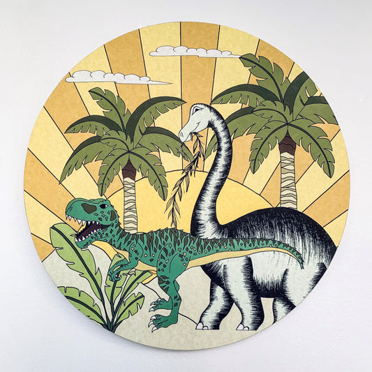 Wooden Dinosaur Plaque - Dino Sunshine - Brontosaurus & Giganotosaurus