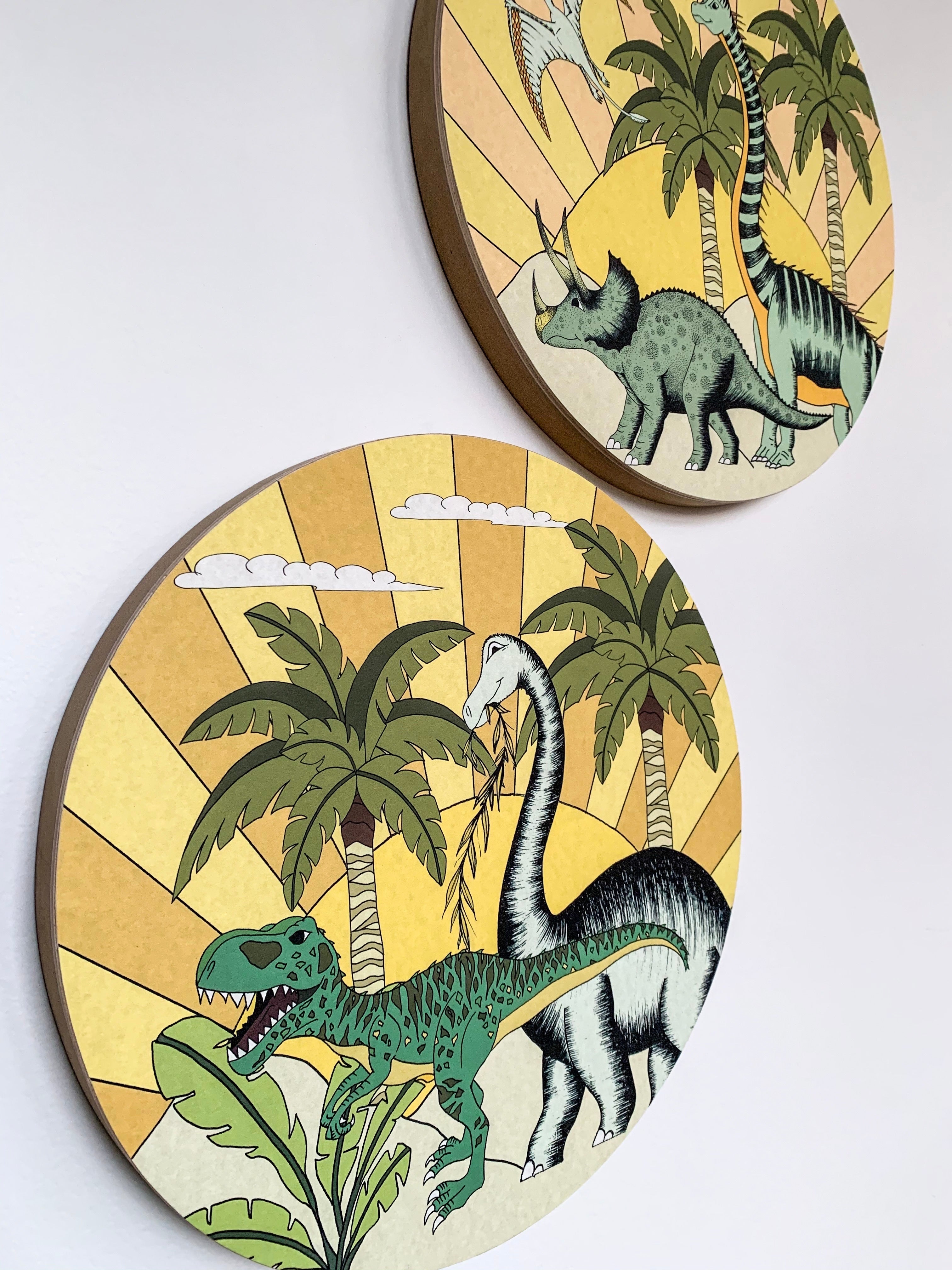 Wooden Dinosaur Plaque - Dino Sunshine - Brontosaurus & Giganotosaurus