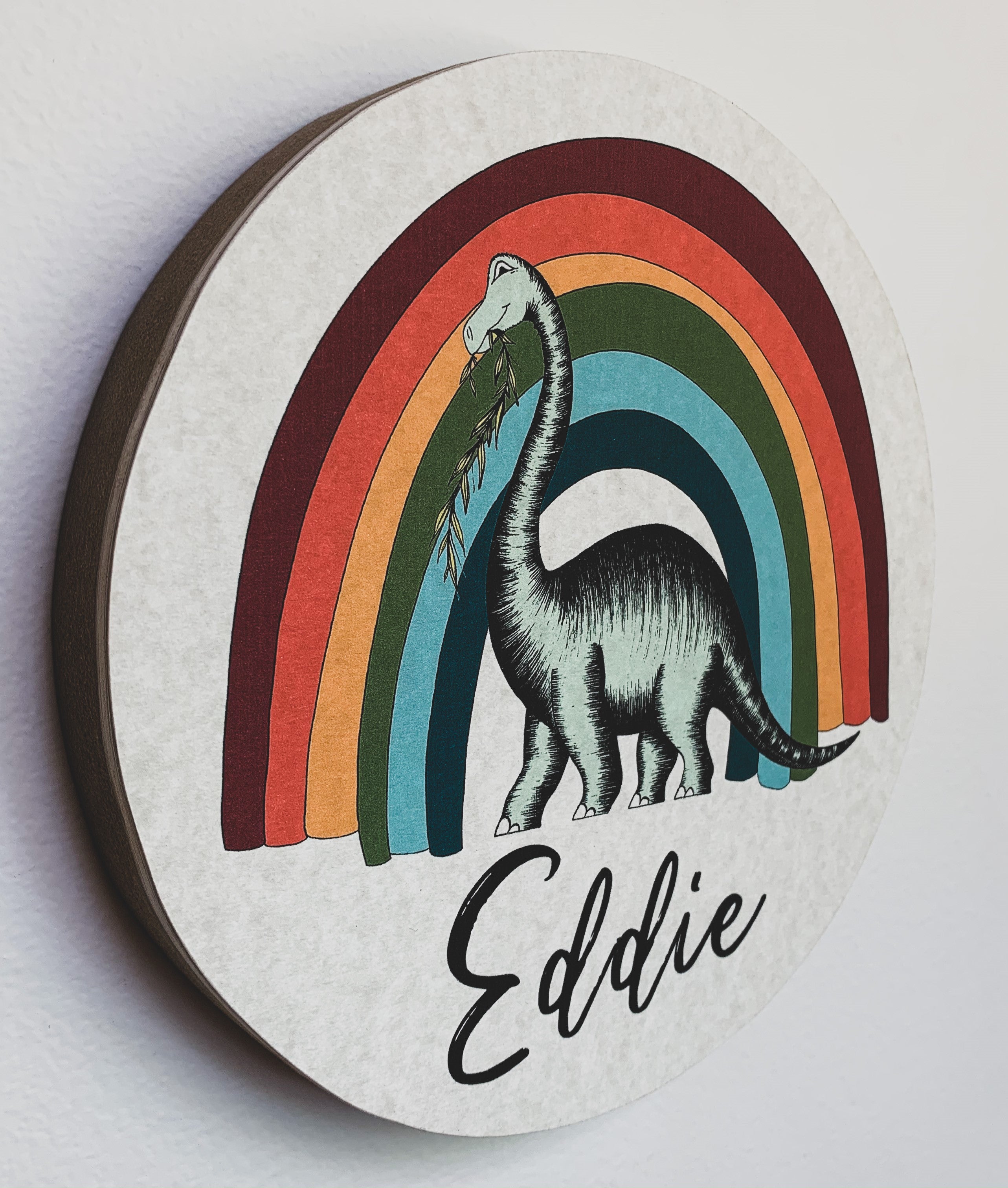 Personalised Wooden Dinosaur Plaque - Brontosaurus Rainbow
