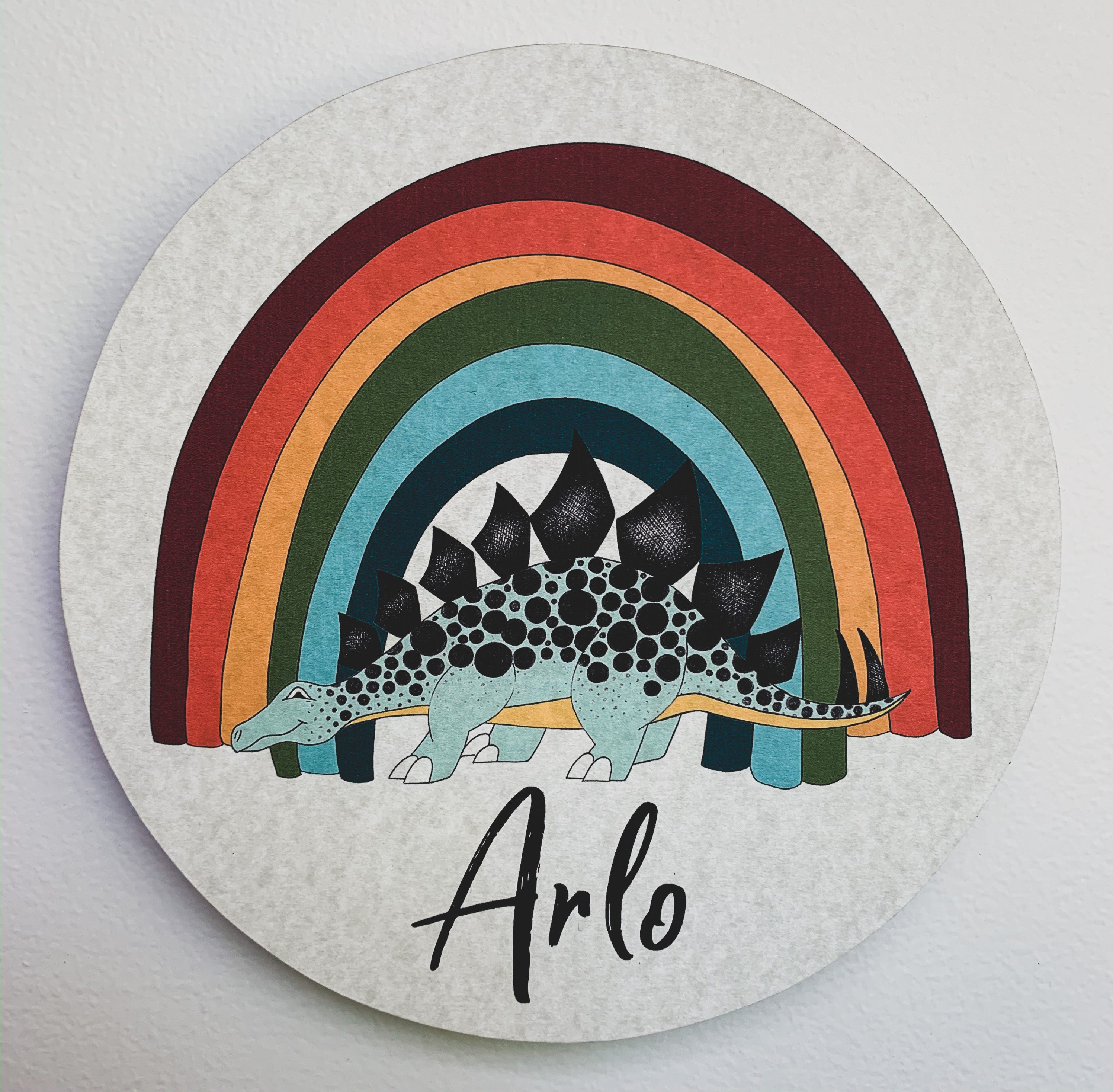Personalised Wooden Dinosaur Plaque - Rainbow Stegosaurus