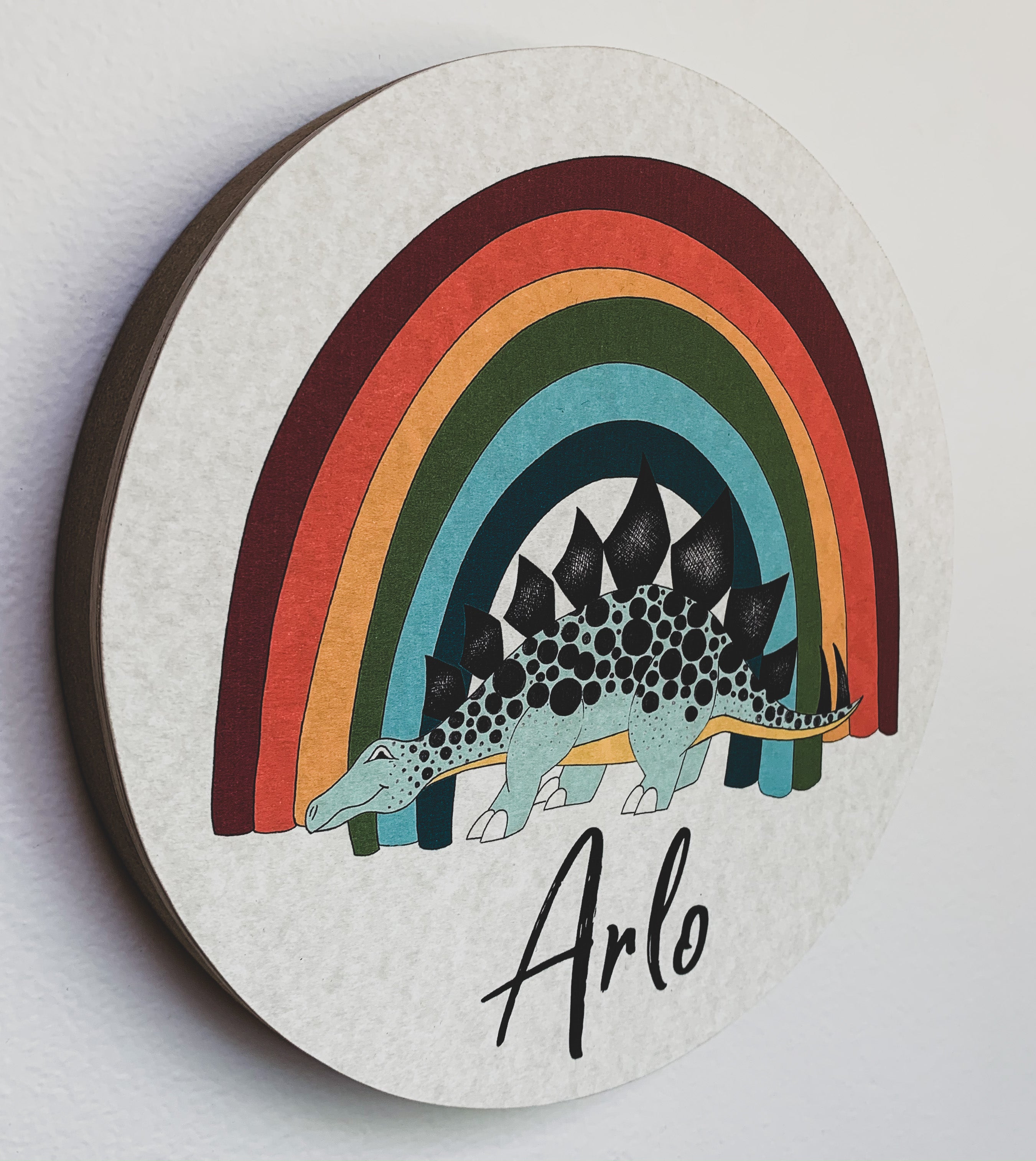 Personalised Wooden Dinosaur Plaque - Rainbow Stegosaurus