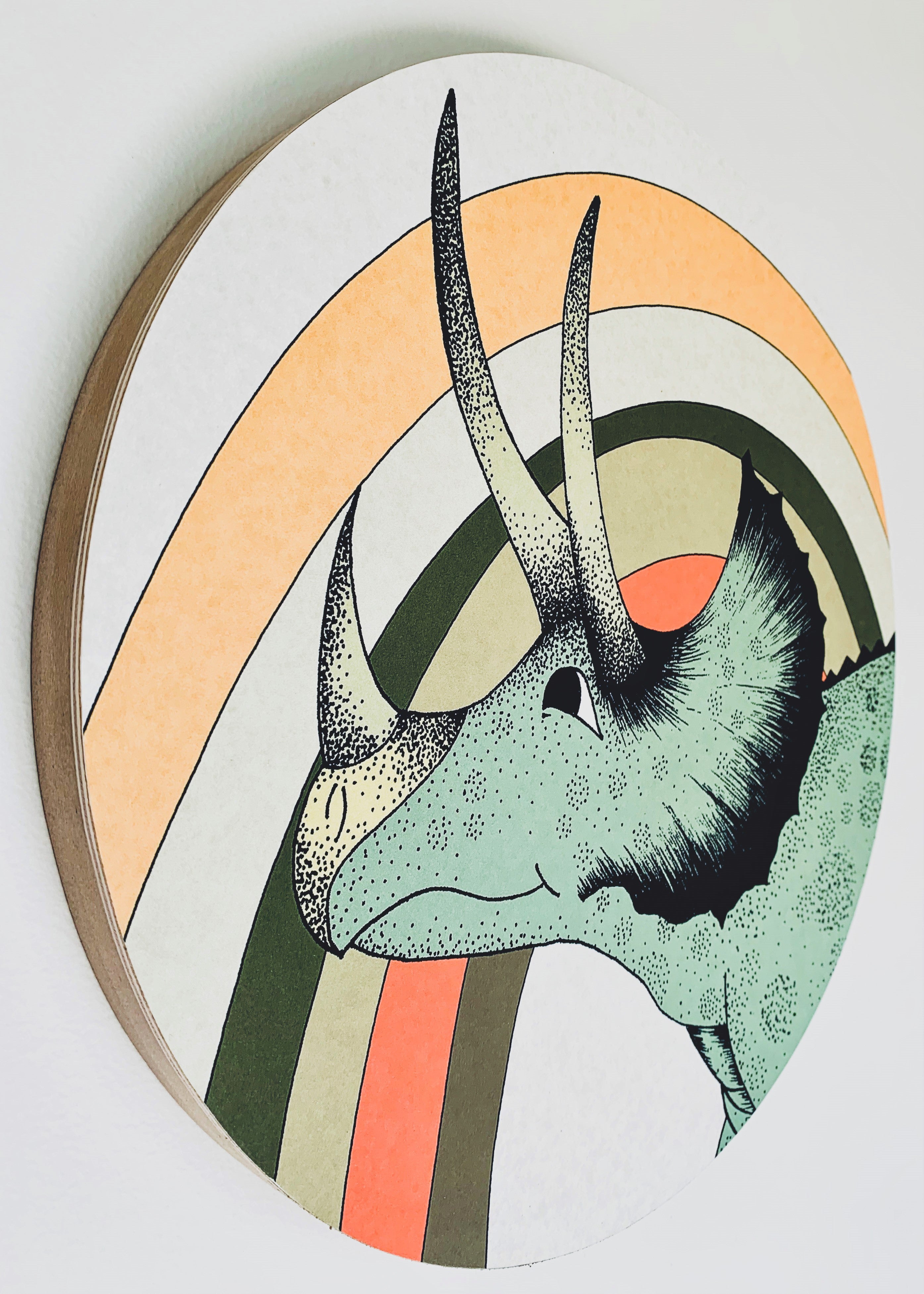 Wooden Dinosaur Plaque - Rainbow Triceratops Head