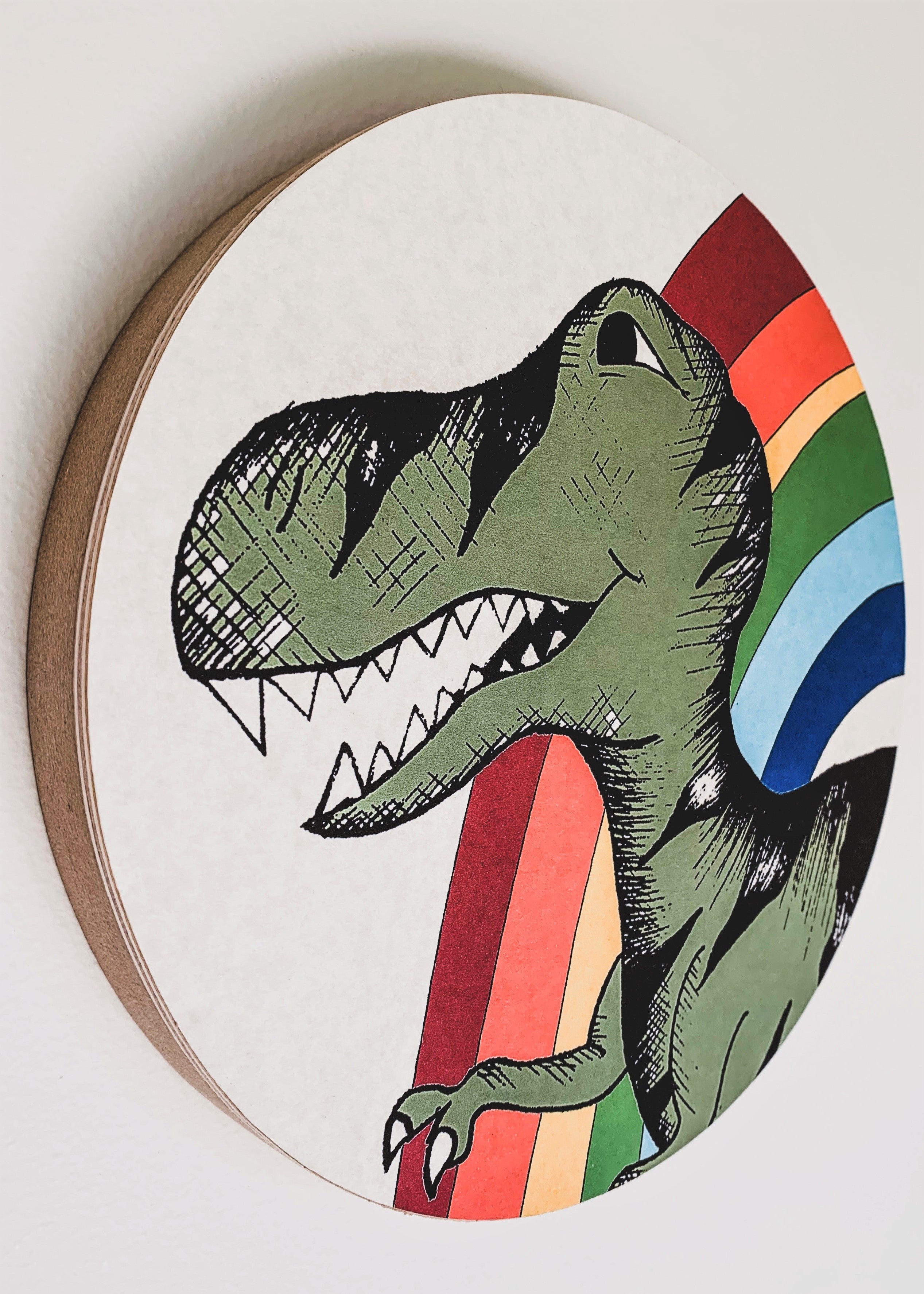 Wooden Dinosaur Plaque - Rainbow Tyrannosaurus Rex Head