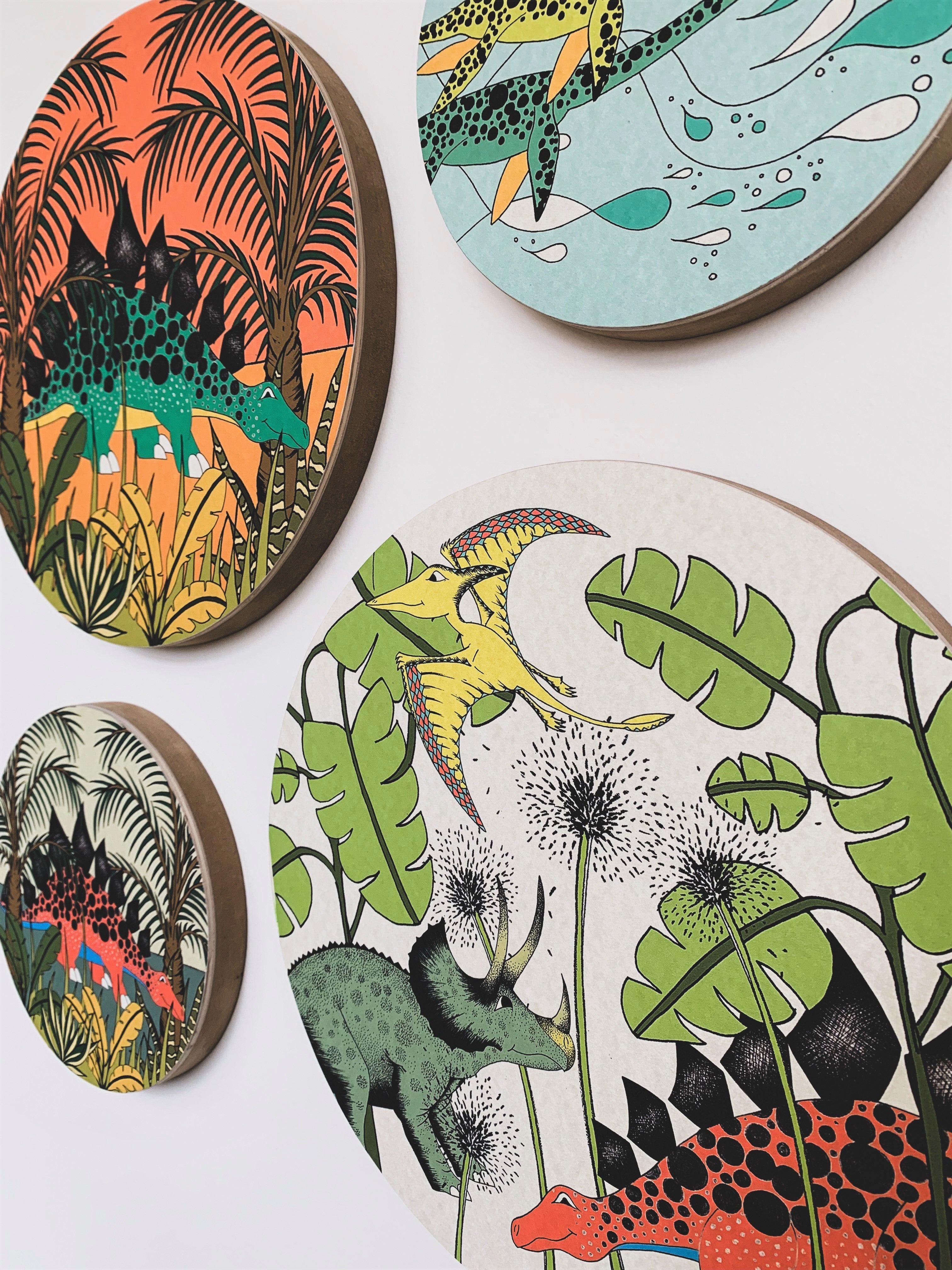 Wooden Dinosaur Plaque - IN THE JUNGLE TRICERATOPS & STEGOSAURUS