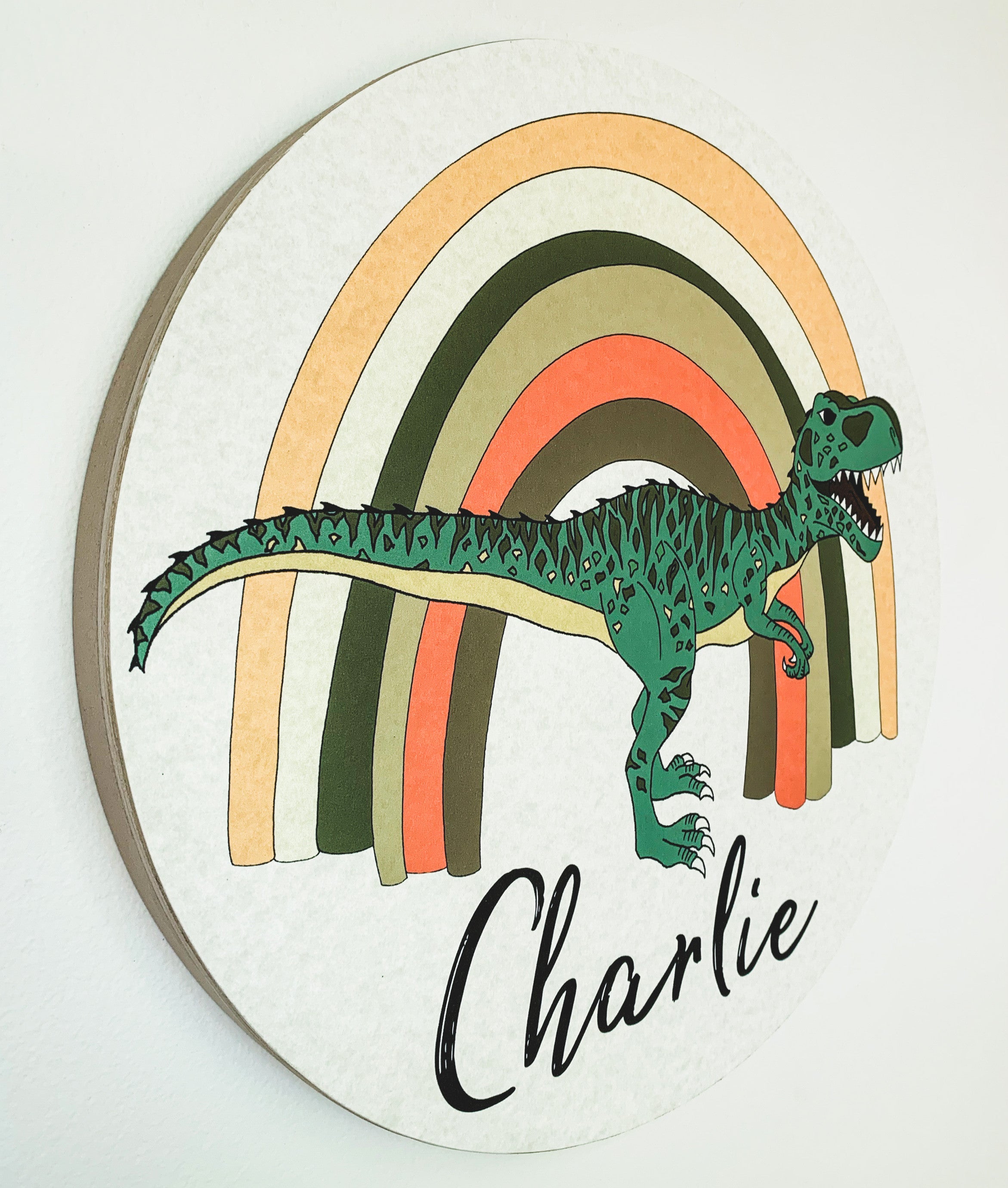 Personalised Wooden Dinosaur Plaque - Rainbow Giganotosaurus