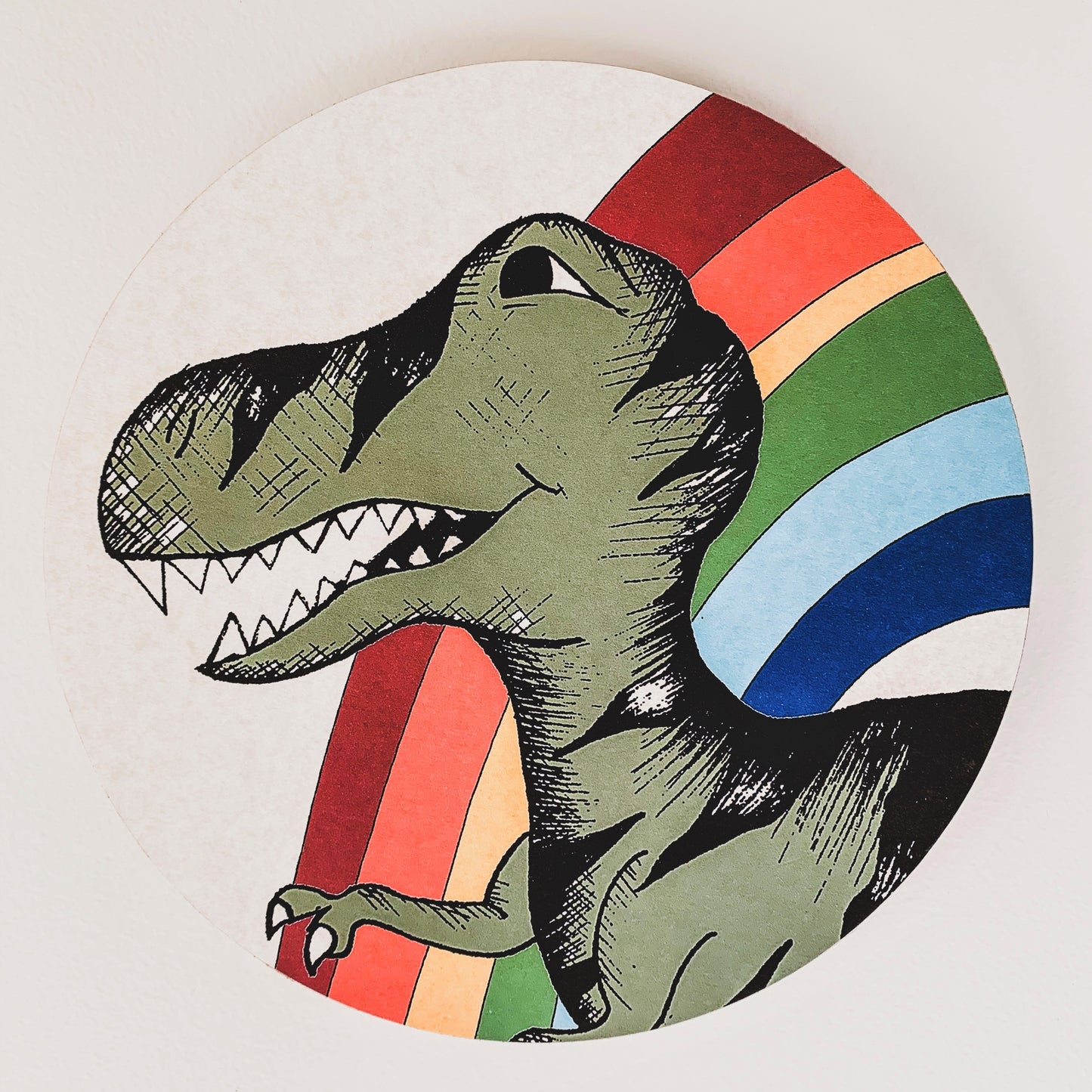 Wooden Dinosaur Plaque - Rainbow Tyrannosaurus Rex Head