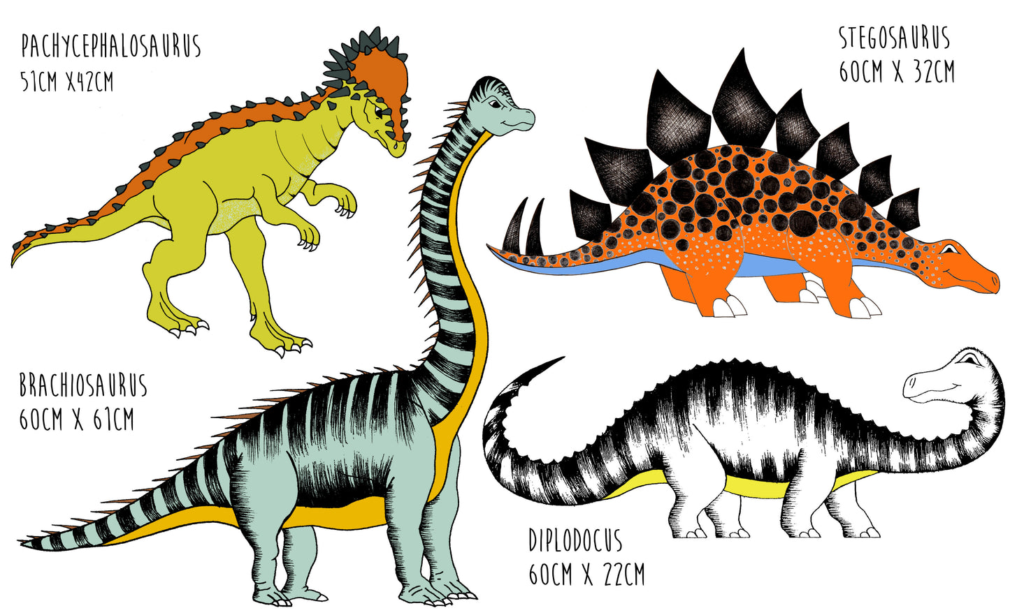 Decals - Dinosaur 4 Pack - Brachiosaurus, Diplodocus, Stegosaurus & Pachycephalosaurus.