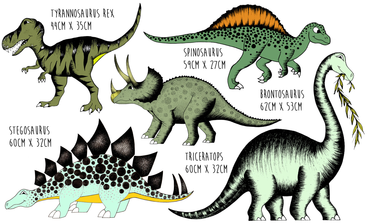 Decals - Dinosaur 5 Pack - Triceratops, Brontosaurus, Spinosaurus, Stegosaurus & Tyrannosaurus Rex.
