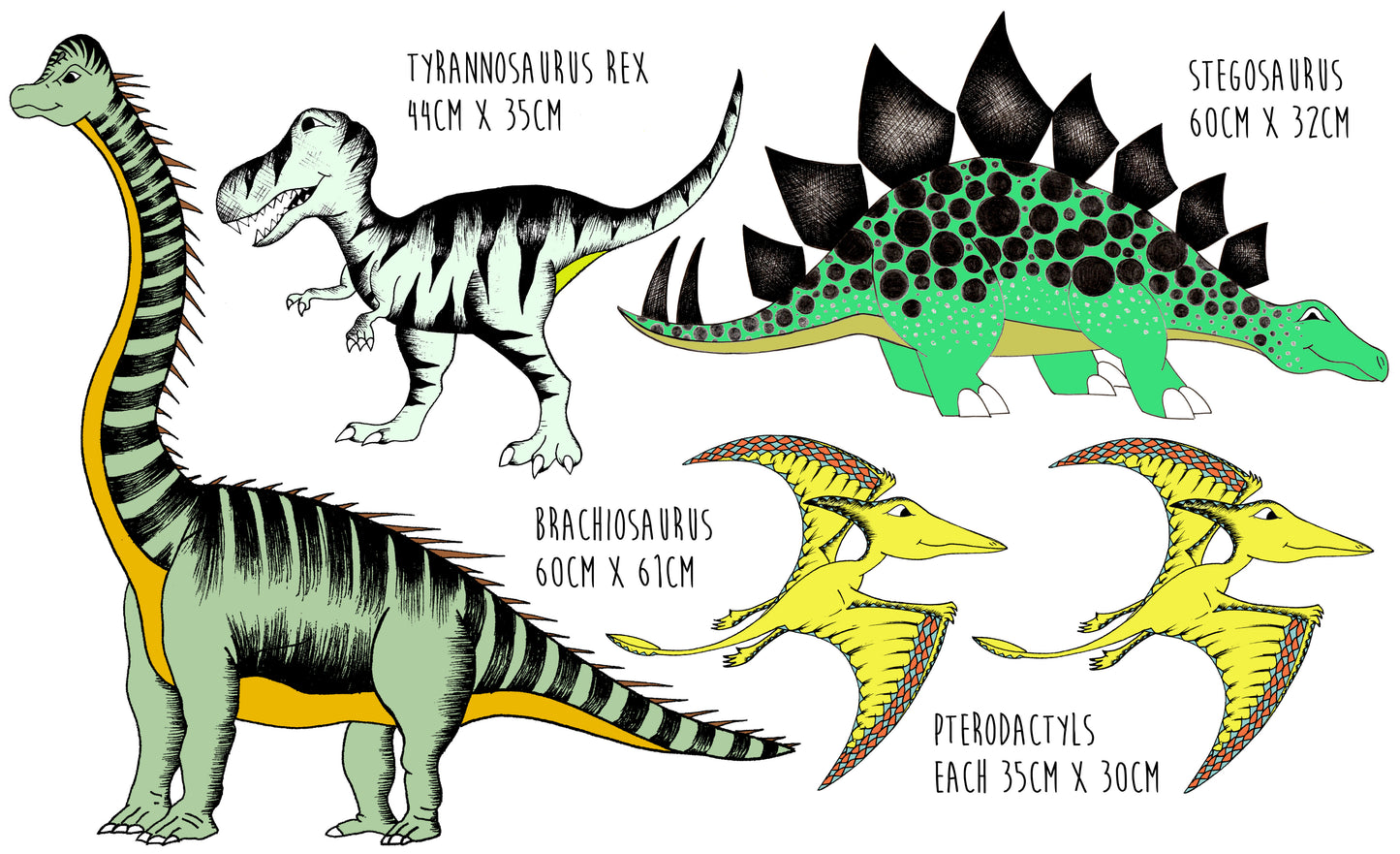 Decals - Dinosaur 5 Pack -  Brachiosaurus, Tyrannosaurus Rex, Stegosaurus & Pterodactyls.