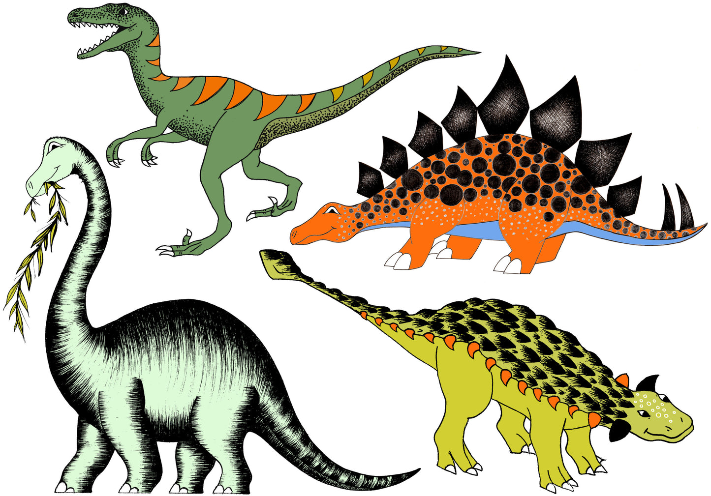 Decals - Dinosaur 4 Pack - Brontosaurus, Ankylosaurus, Stegosaurus & Velociraptor.