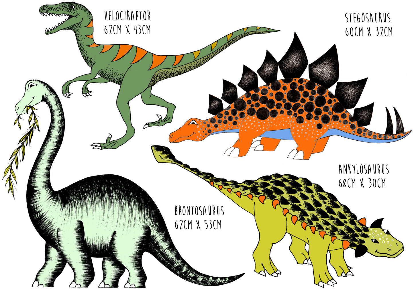 Decals - Dinosaur 4 Pack - Brontosaurus, Ankylosaurus, Stegosaurus & Velociraptor.