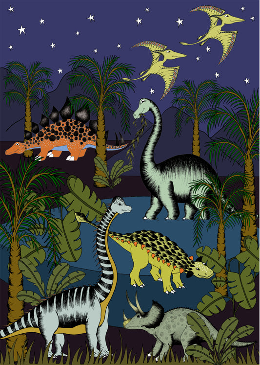 Print - Dinosaur Oasis Starry Nights