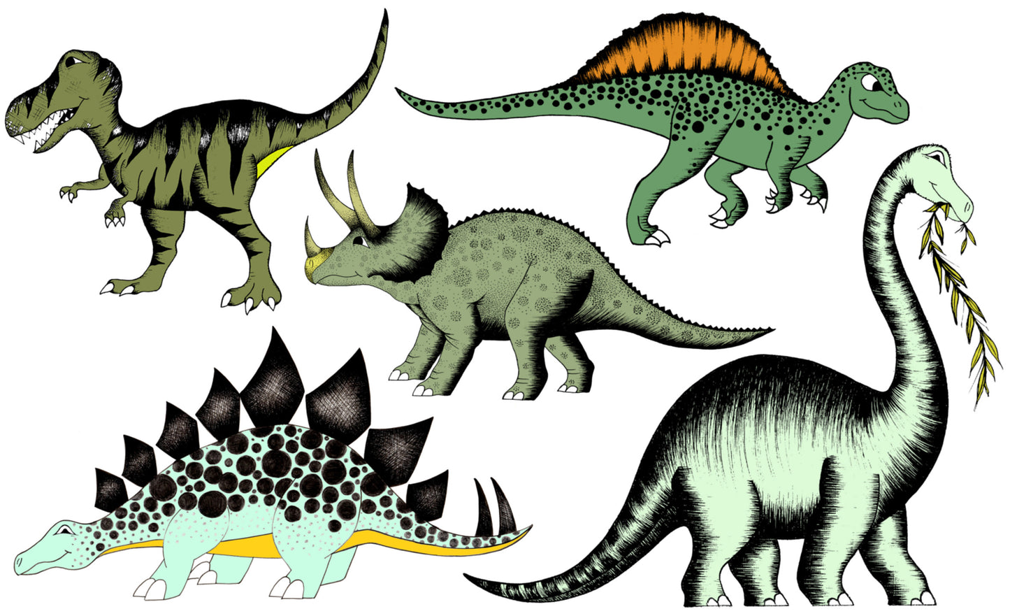 Decals - Dinosaur 5 Pack - Triceratops, Brontosaurus, Spinosaurus, Stegosaurus & Tyrannosaurus Rex.
